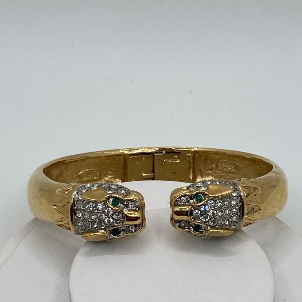 Vtg 80s Rare Butler Swarovski Crystal Panther Head Hinged Cuff Bracelet 7” / 2”